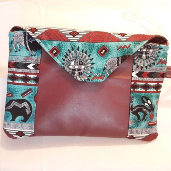 NEW Faux Leather Western Envelope Purse Clutch Wristlet Bag Wine Teal Bear Aztec - Picture 1 of 8